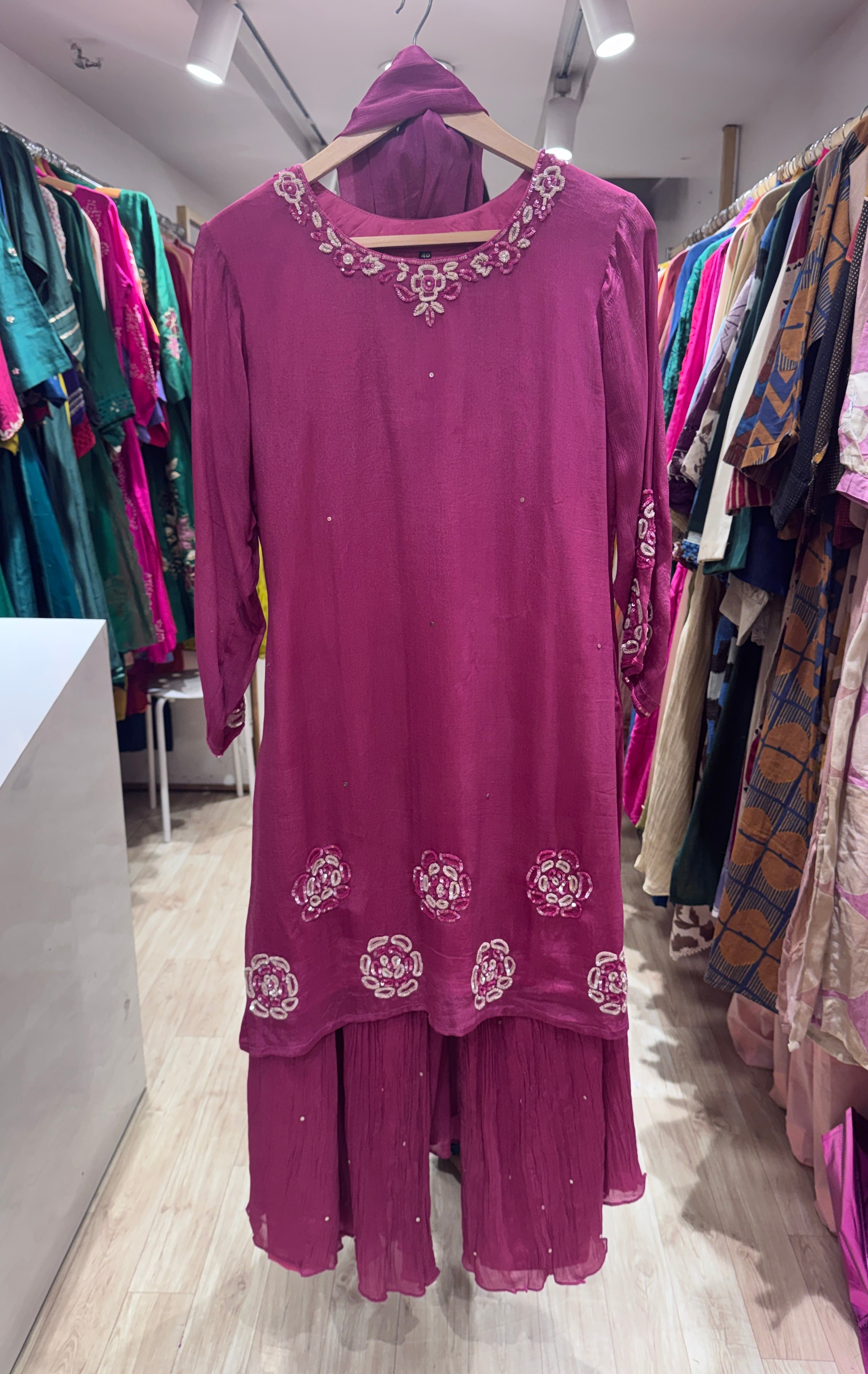 Esha Handwork Short Kurta Sharara Dress-Pink (Make to Order)