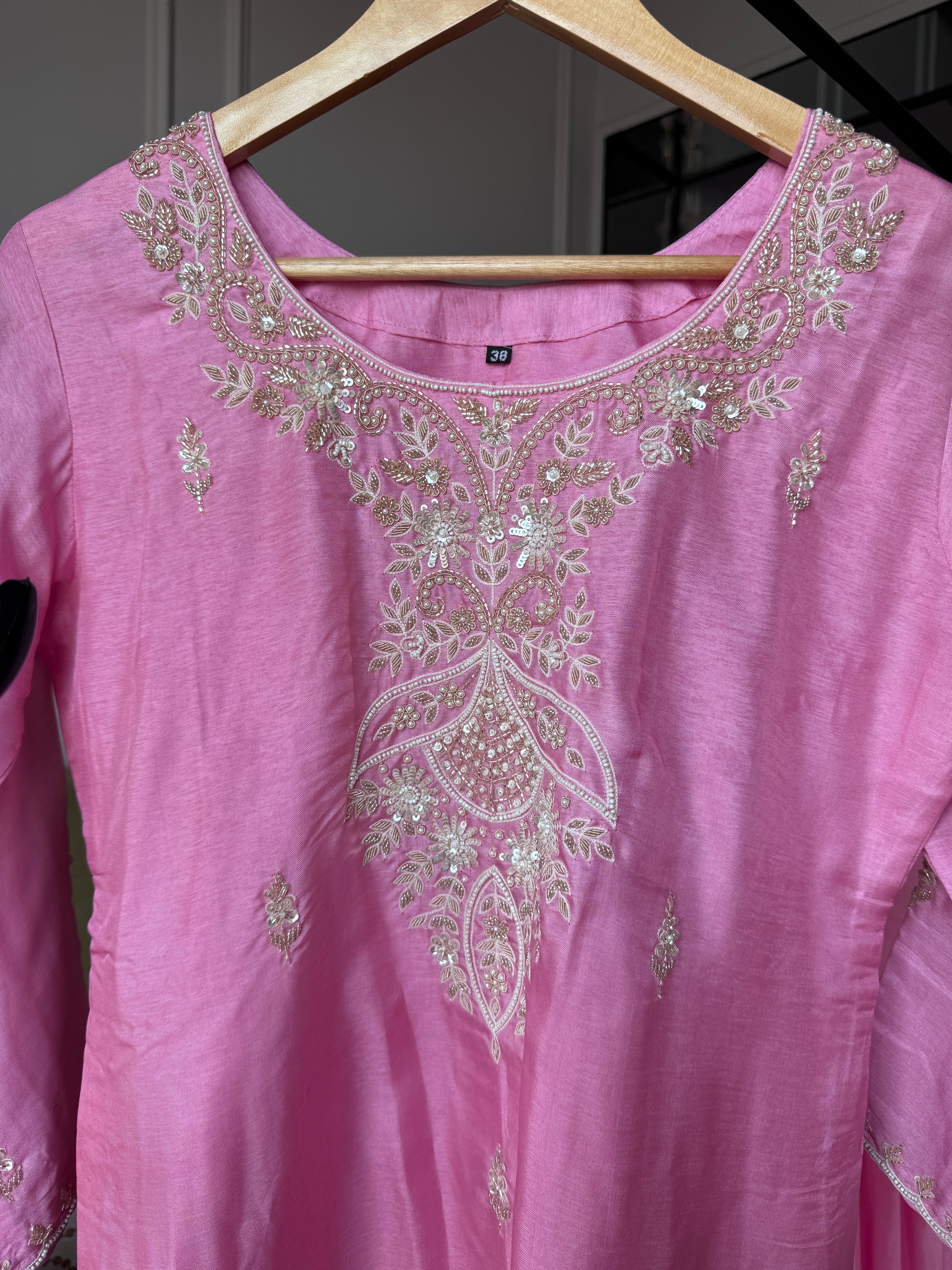 Rajvi Handwork Short Kurta With Plazzo Set- Baby Pink