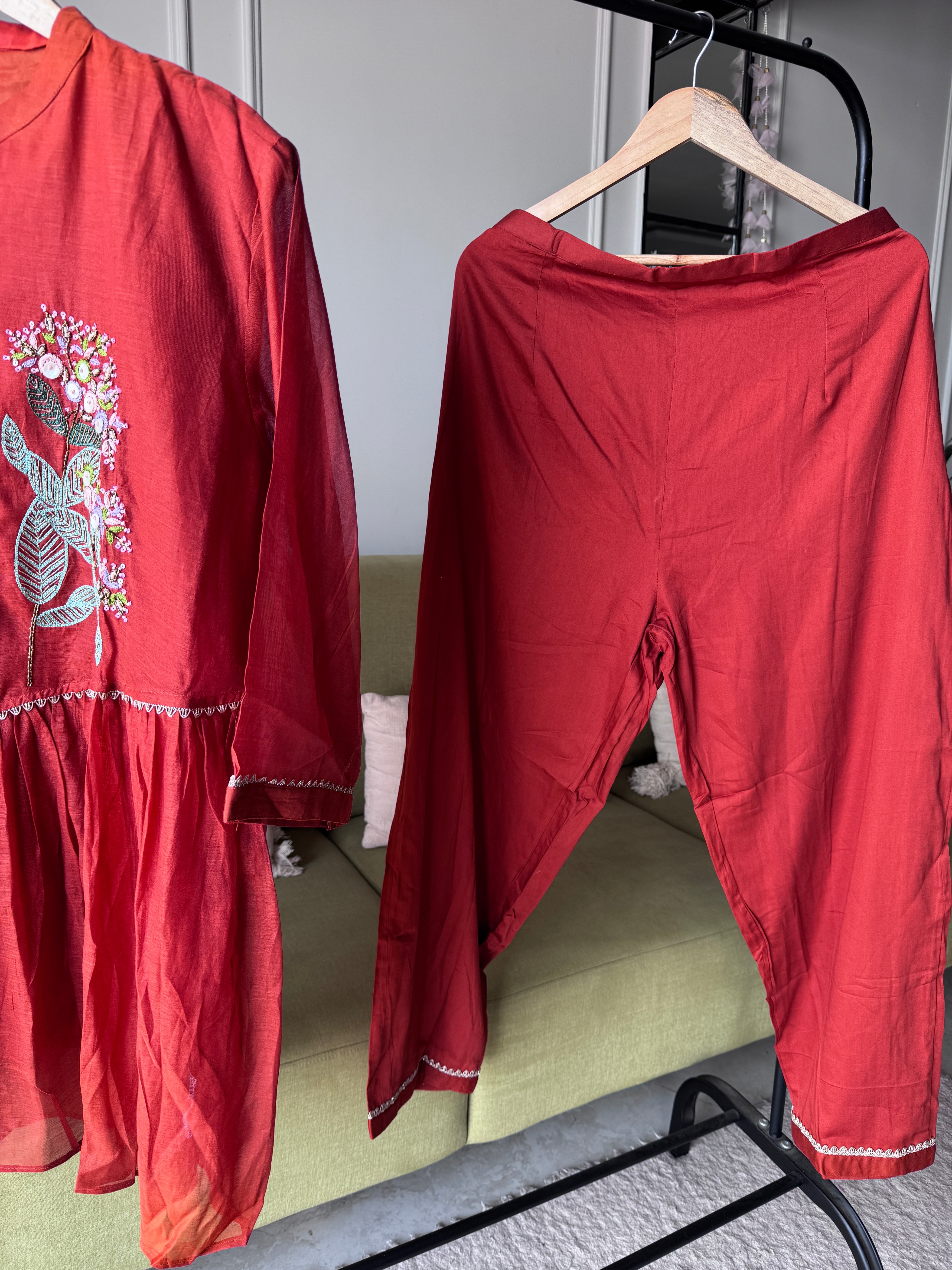 Kiki Handwork Mul Chanderi Coord Set- Rust