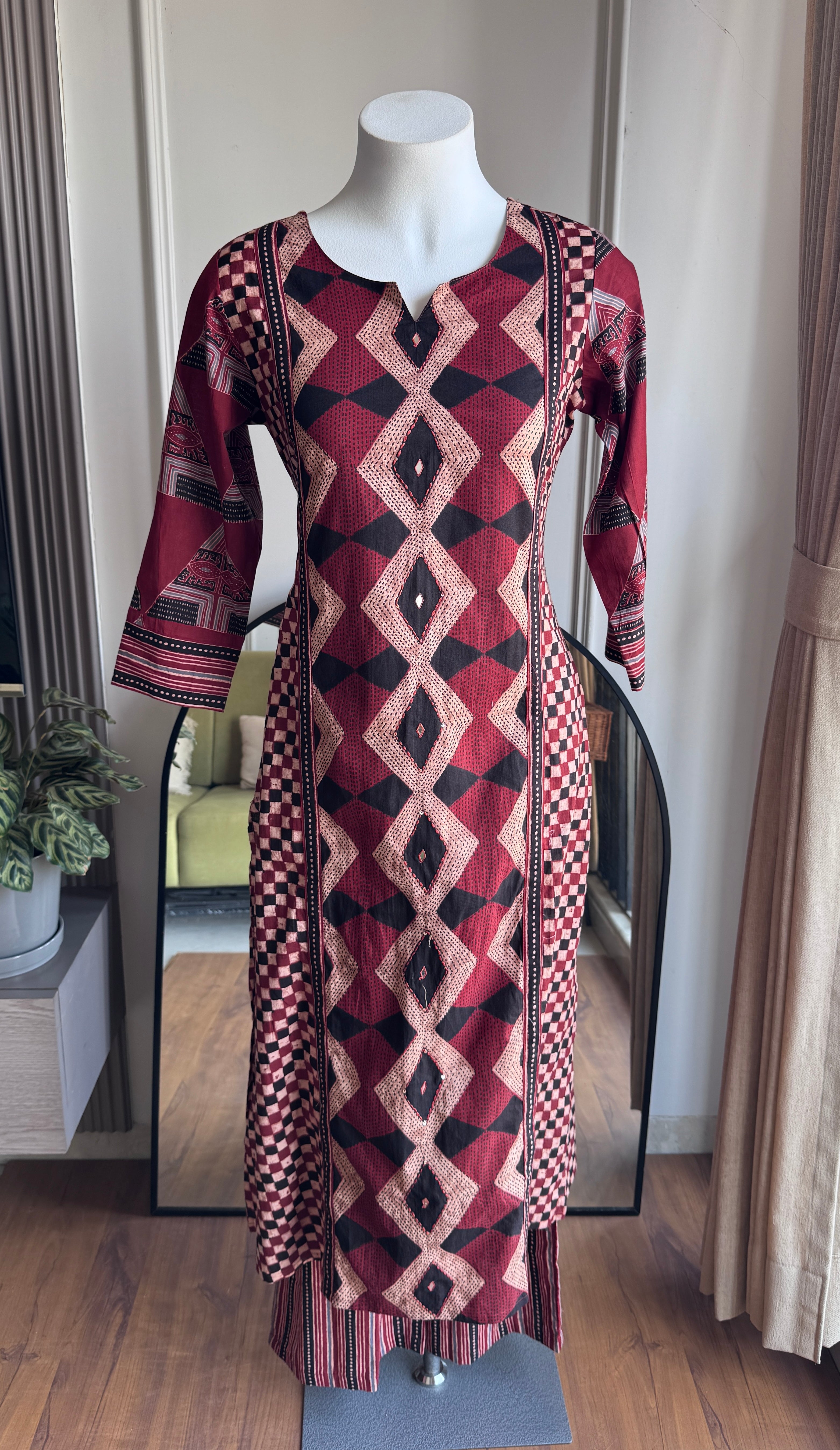 Heer Chequered Cotton Dress-Brick Red