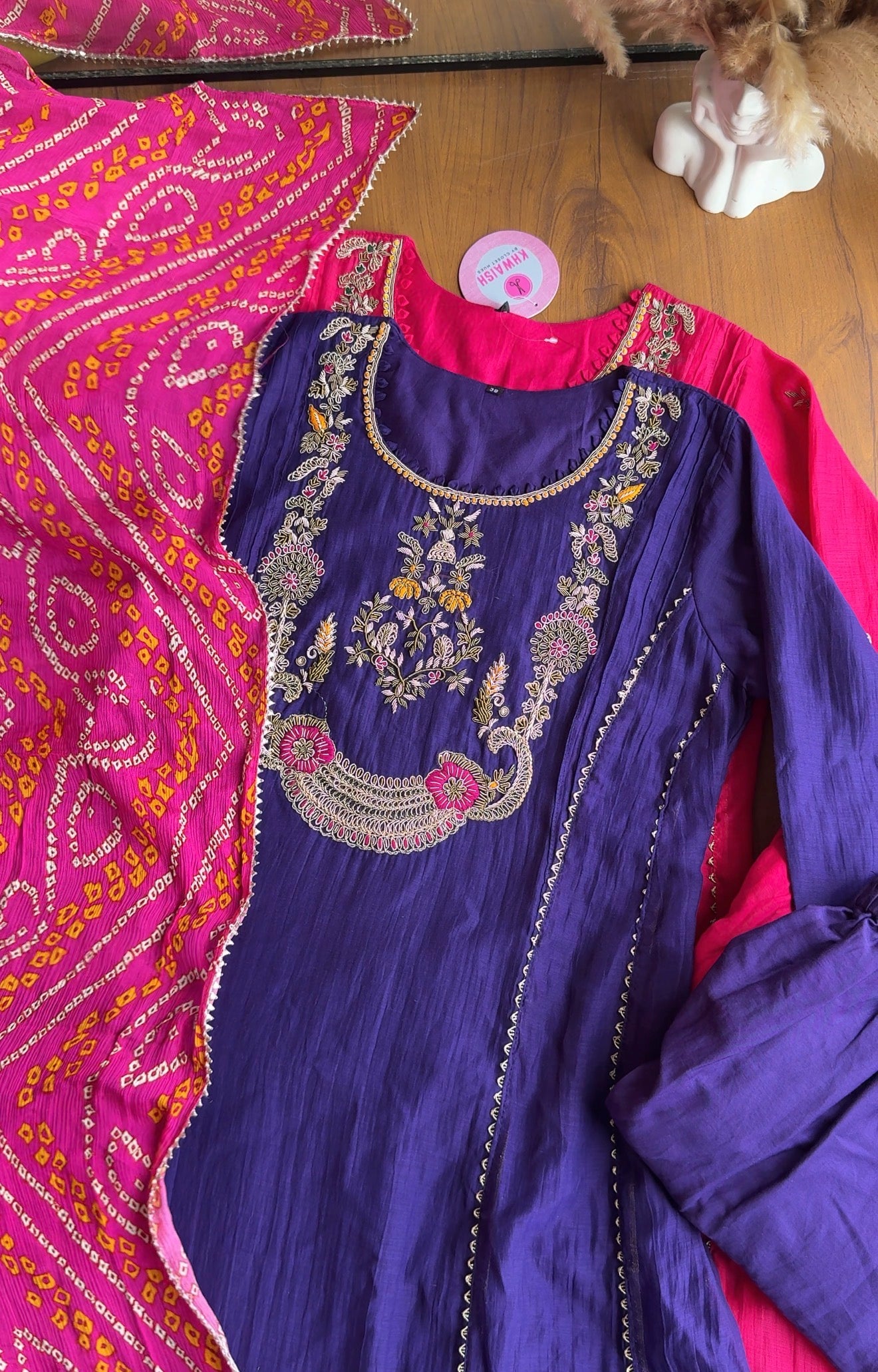 Tara Contrast Bandhej Dupatta Pure zardosi Dress-Purple
