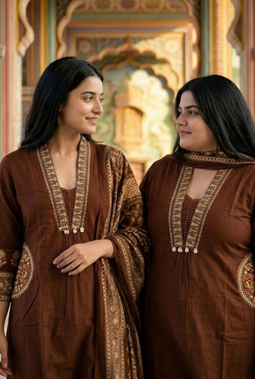 Pamela Embroidery Cotton Dress - Brown