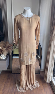 Esha Handwork Short Kurta Sharara Dress-Beige (Make to Order)