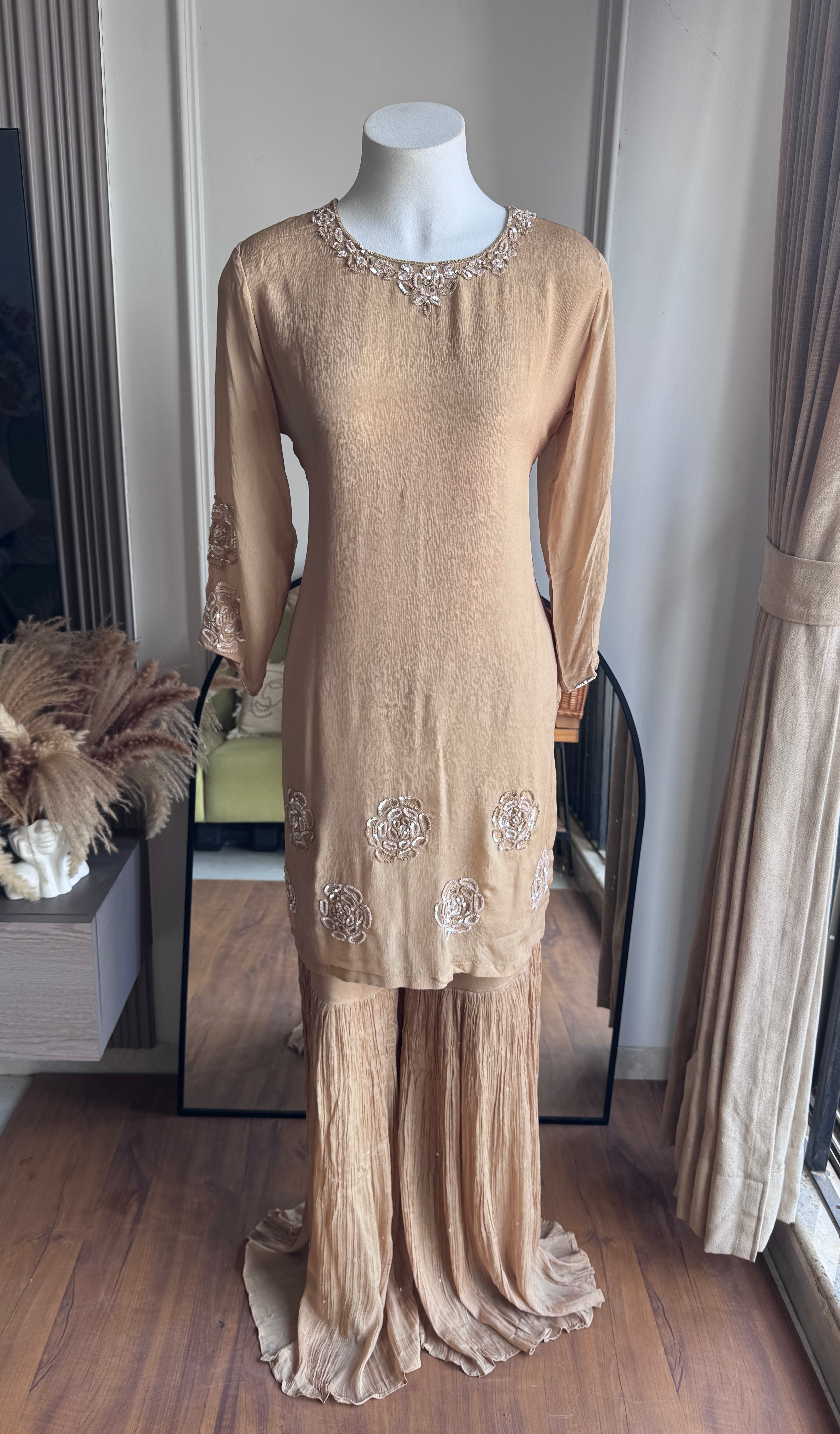 Esha Handwork Short Kurta Sharara Dress-Beige (Make to Order)