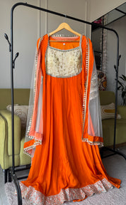 Gita Zari Work Gown Set- Orange