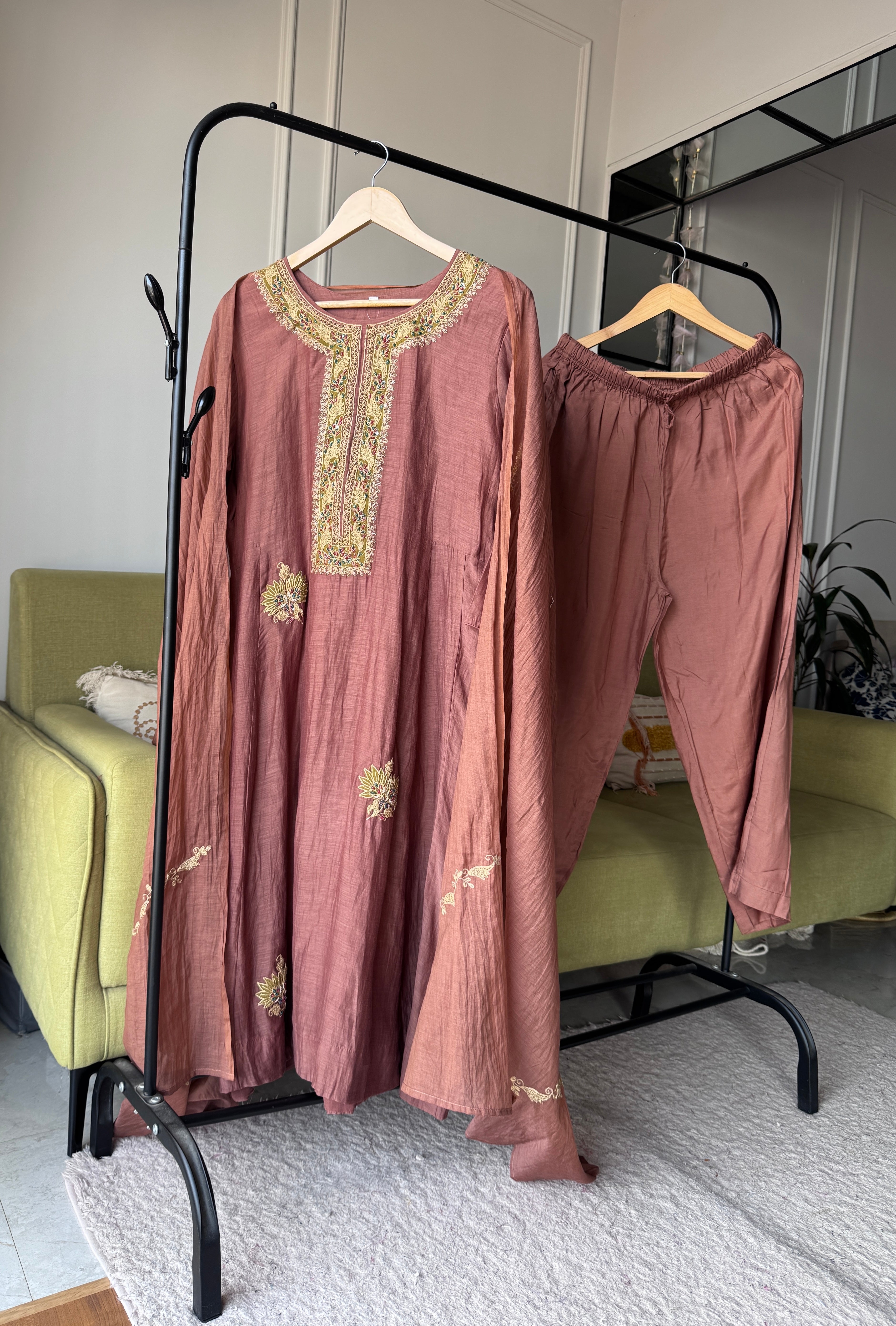 Vaibhavi Handwork Mul Chanderi Dress- Dusty Brown