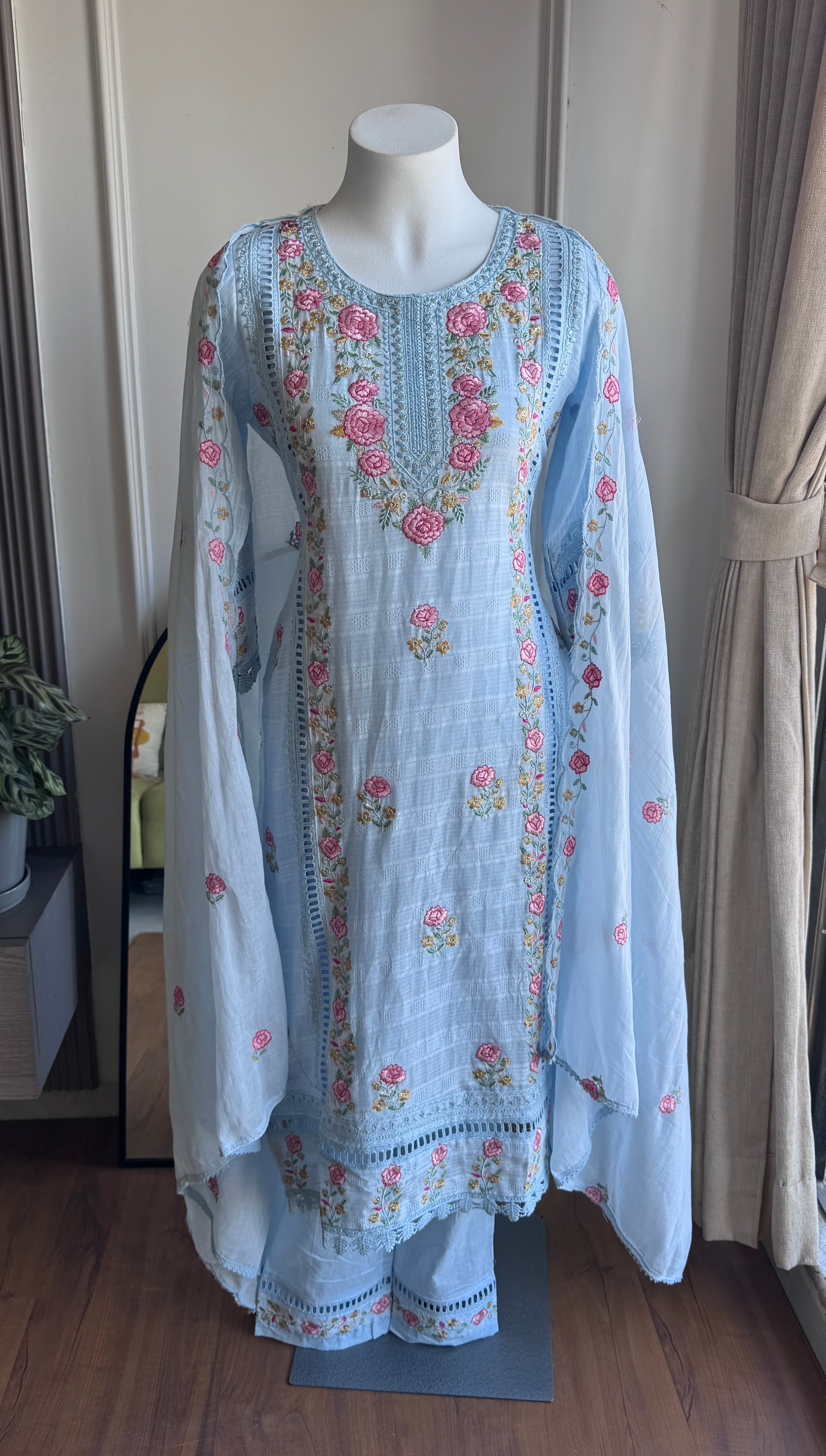 Hrishika Embroidered Rose  Dress- Sky Blue