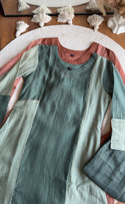 Meera Contrast panel Mul Chanderi Dress-Green