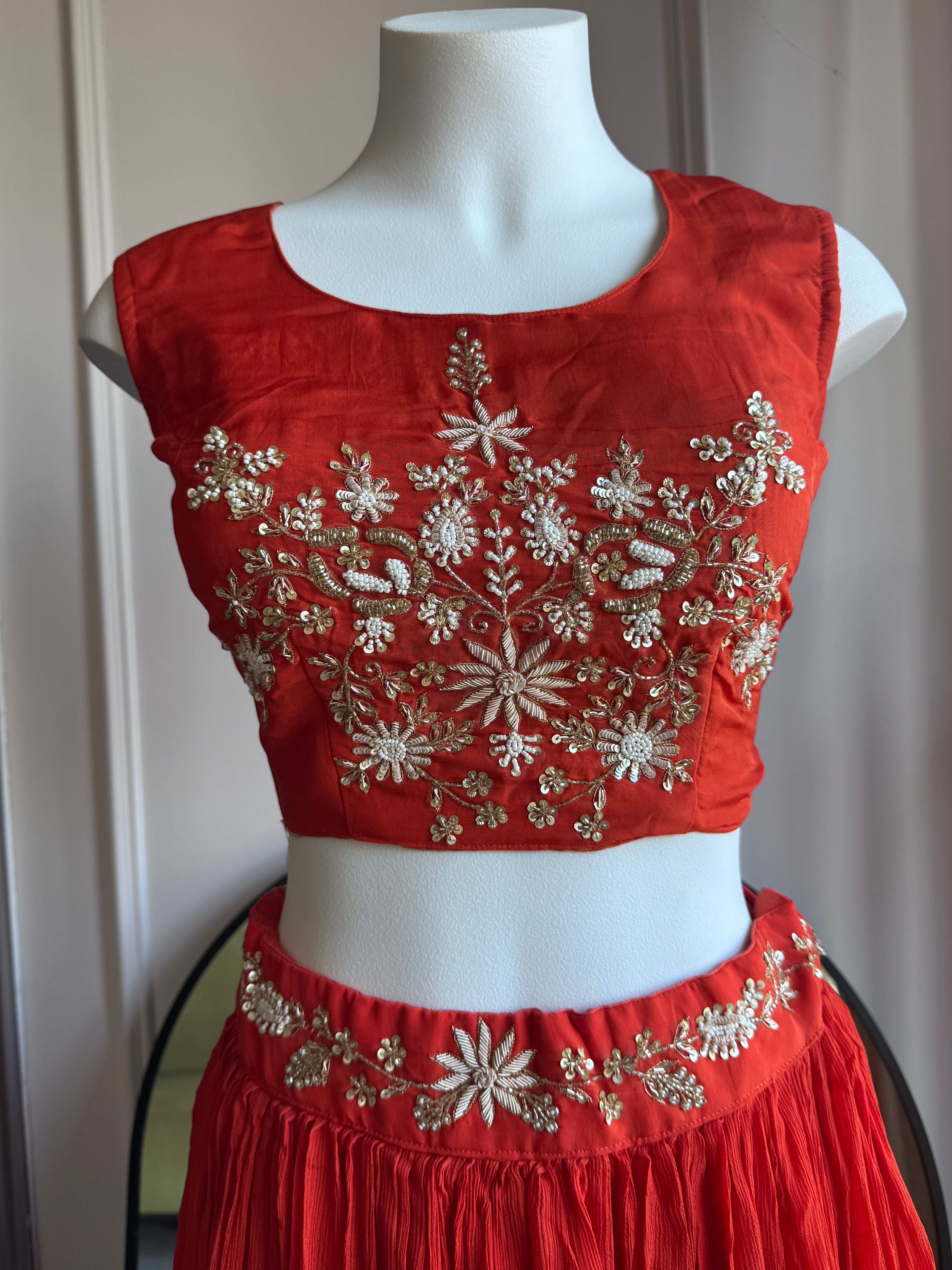 Gargi hand work padded blouse with cancan Lehenga and cover up