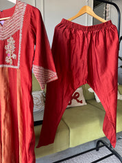 Twinkle Handwork Mul Chanderi Dress- Rust