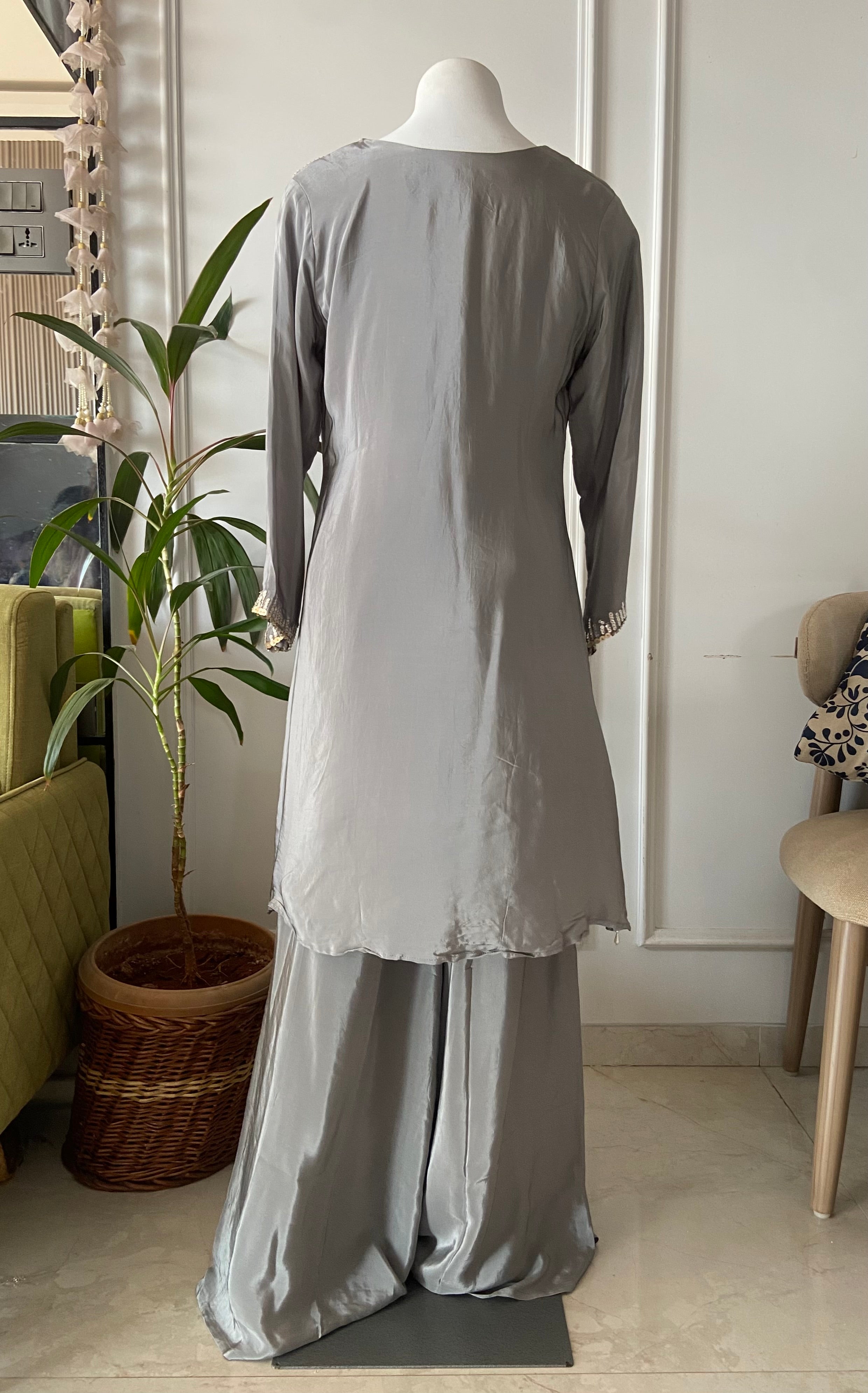 Rakshita crepe silk sequin word Coords - Silver