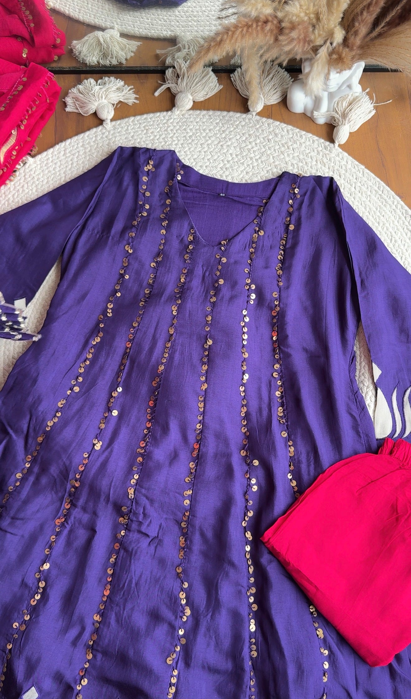 Tanisha Sequins All Over Scalloped Finishing DressWith Contrast Pants And Dupatta- Purple