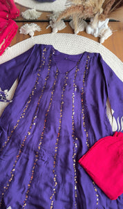 Tanisha Sequins All Over Scalloped Finishing DressWith Contrast Pants And Dupatta- Purple