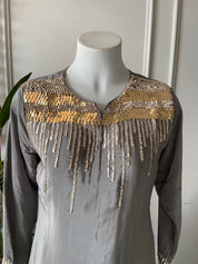 Rakshita crepe silk sequin word Coords - Silver