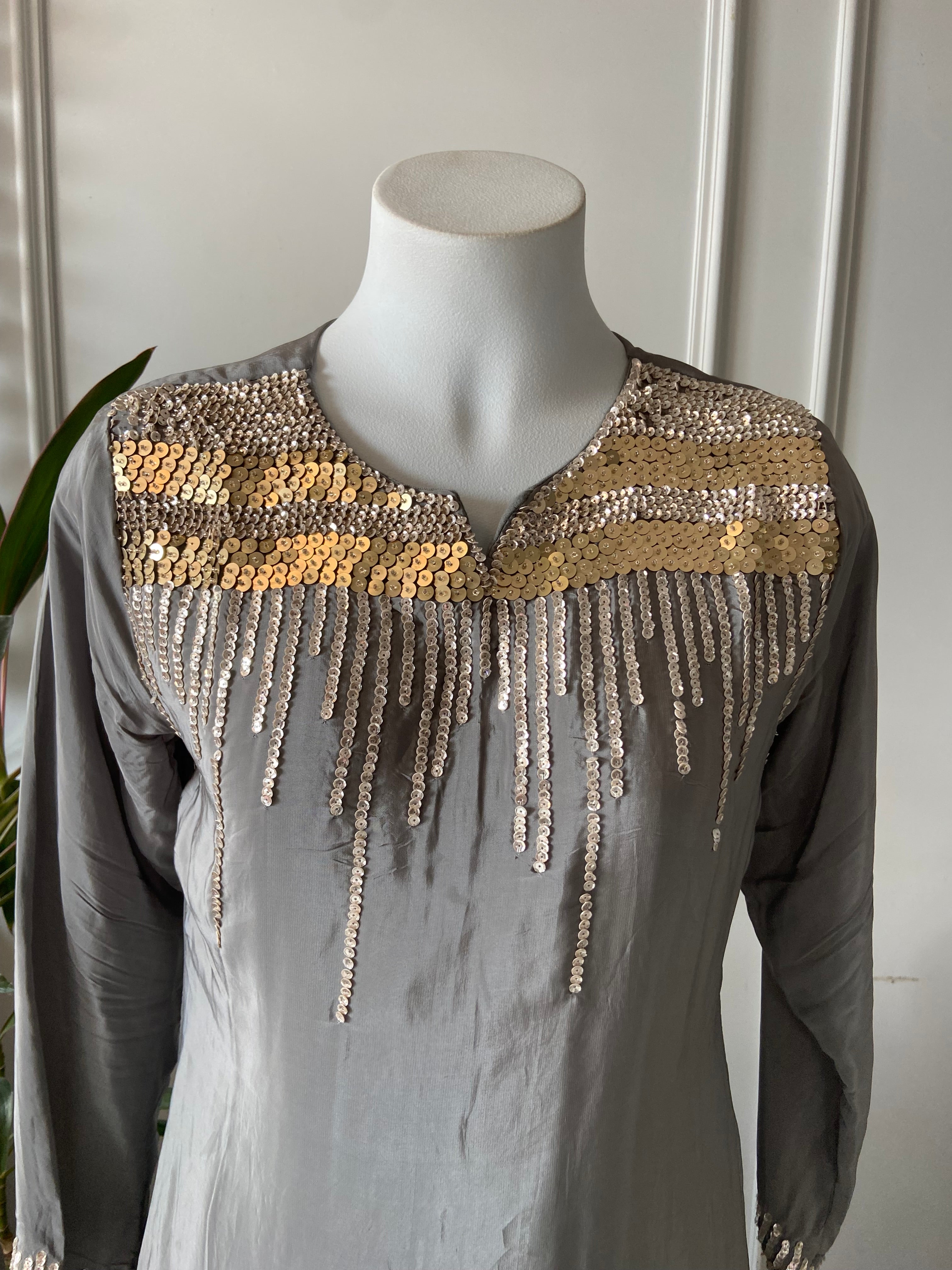 Rakshita crepe silk sequin word Coords - Silver