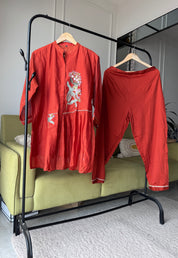 Kiki Handwork Mul Chanderi Coord Set- Rust