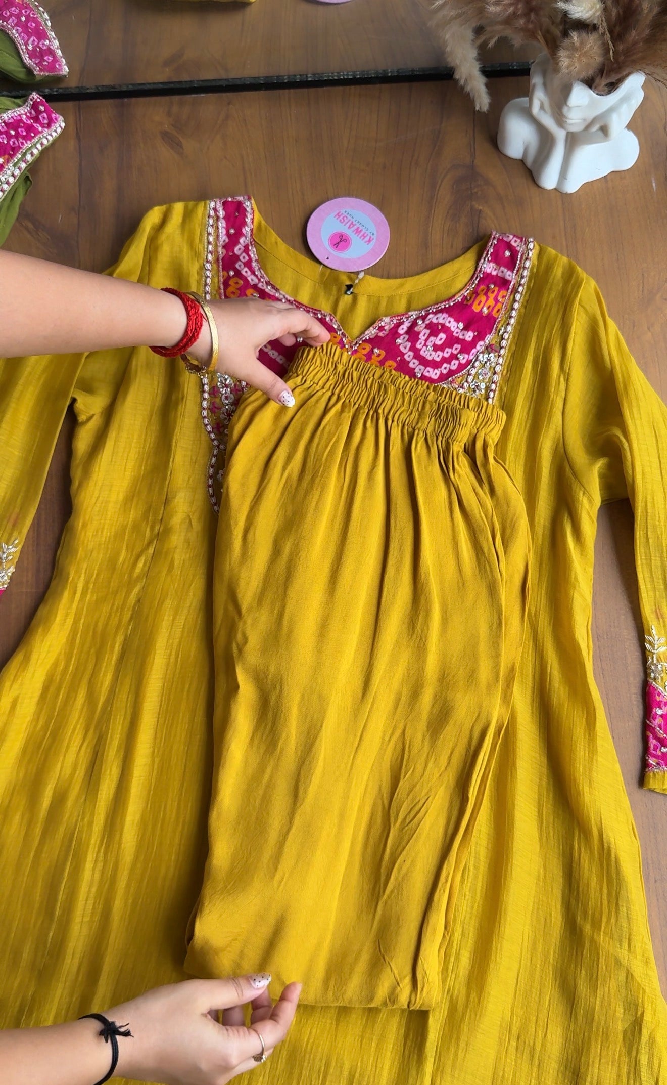 Veeral Bandhani Hand Work Aline Dress- Yellow