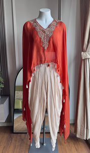Karishma High Low Top With Padded Blouse And Tulip Pants- Rust