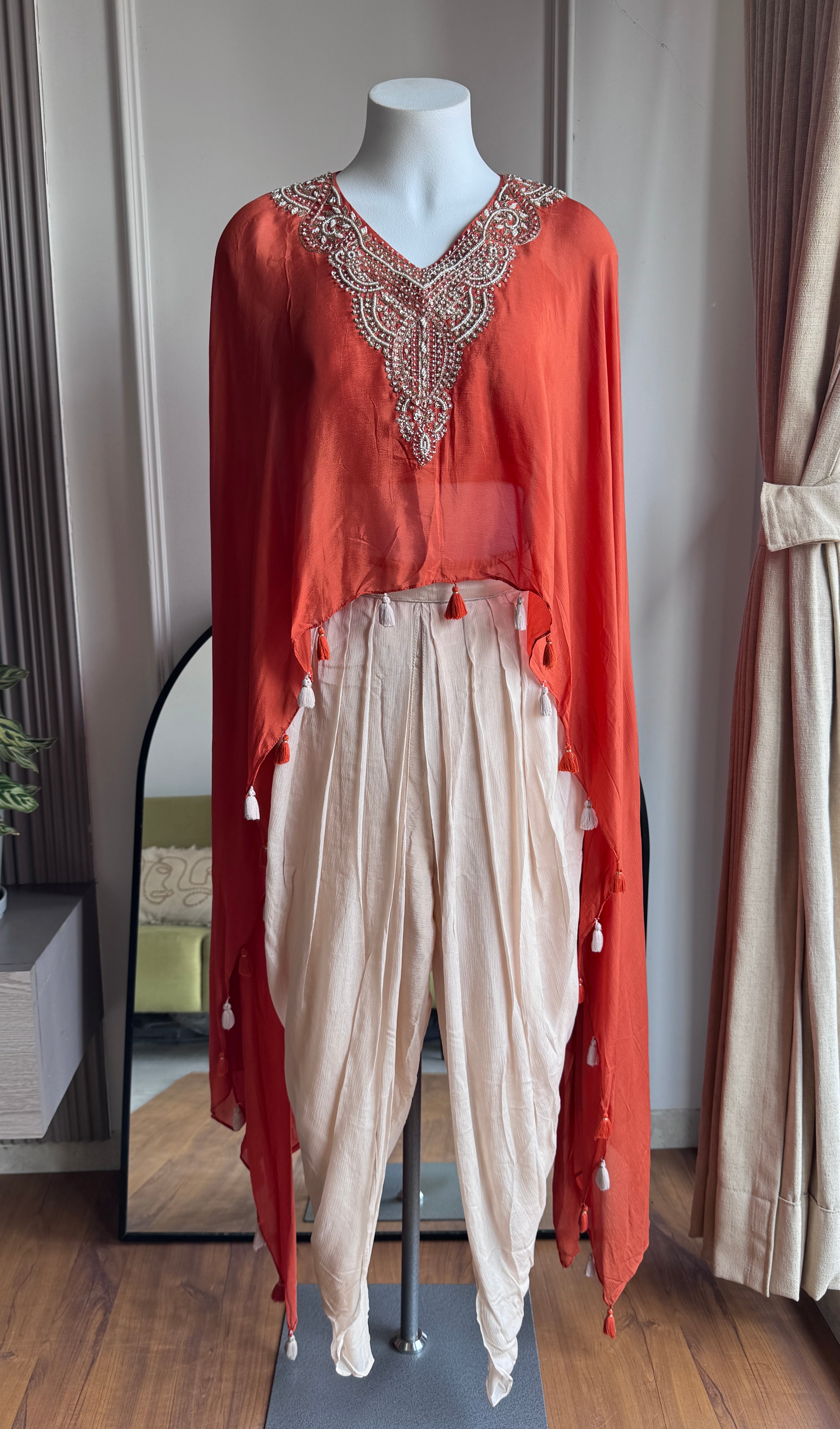 Karishma High Low Top With Padded Blouse And Tulip Pants- Rust