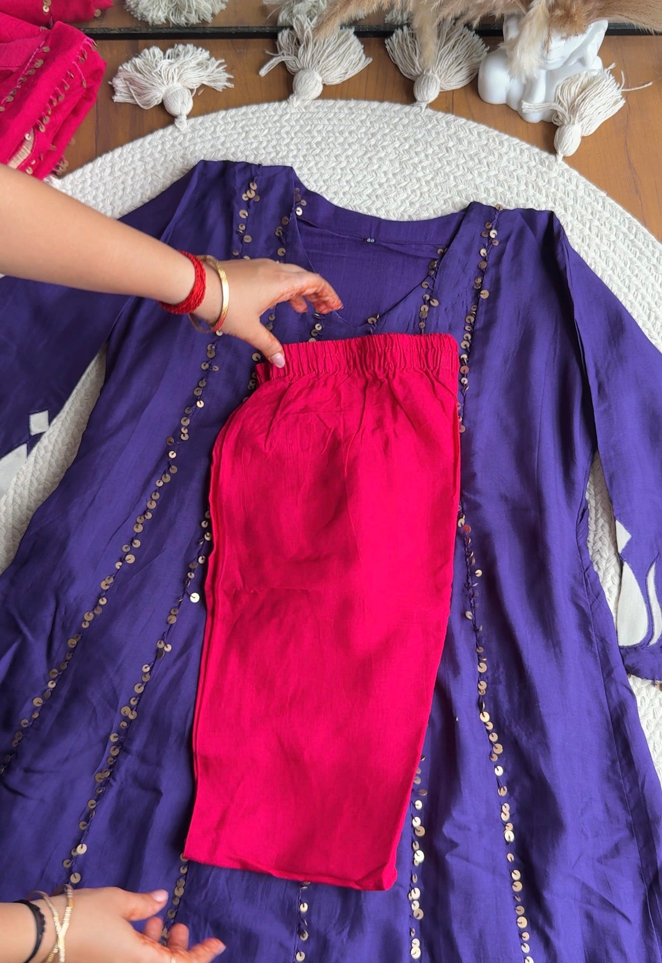 Tanisha Sequins All Over Scalloped Finishing DressWith Contrast Pants And Dupatta- Reddish Pink
