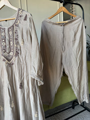 Rinkle Embroided Mul Chanderi Dress- Grey