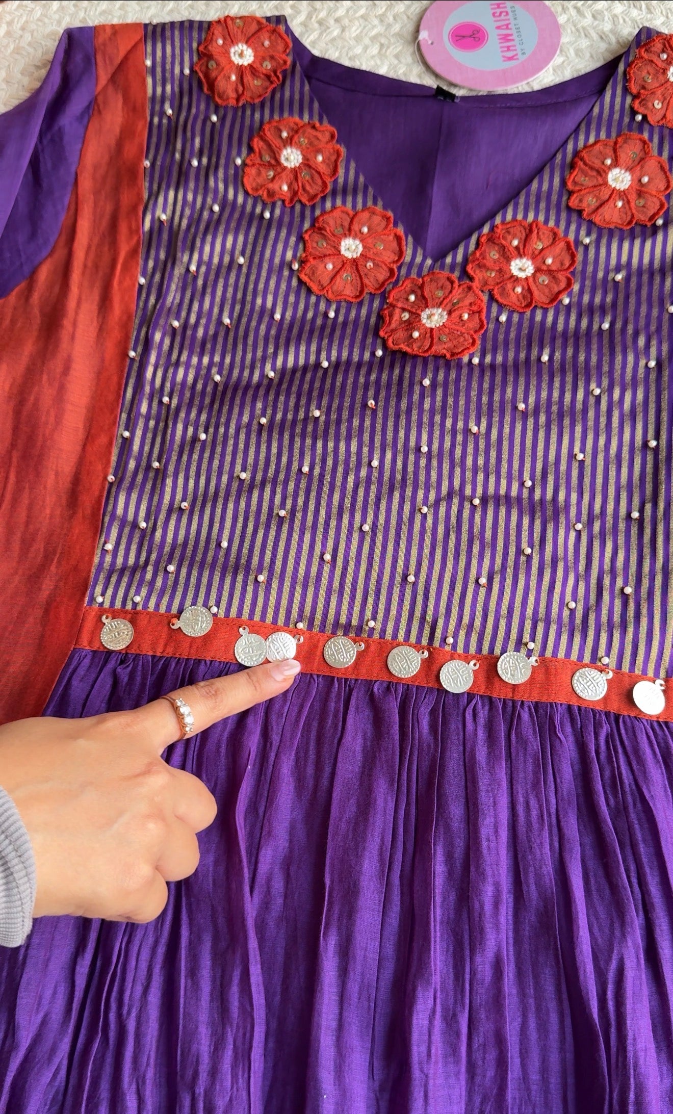 Saili Contrast Panel Mul Chanderi Dress-Purple With Rust