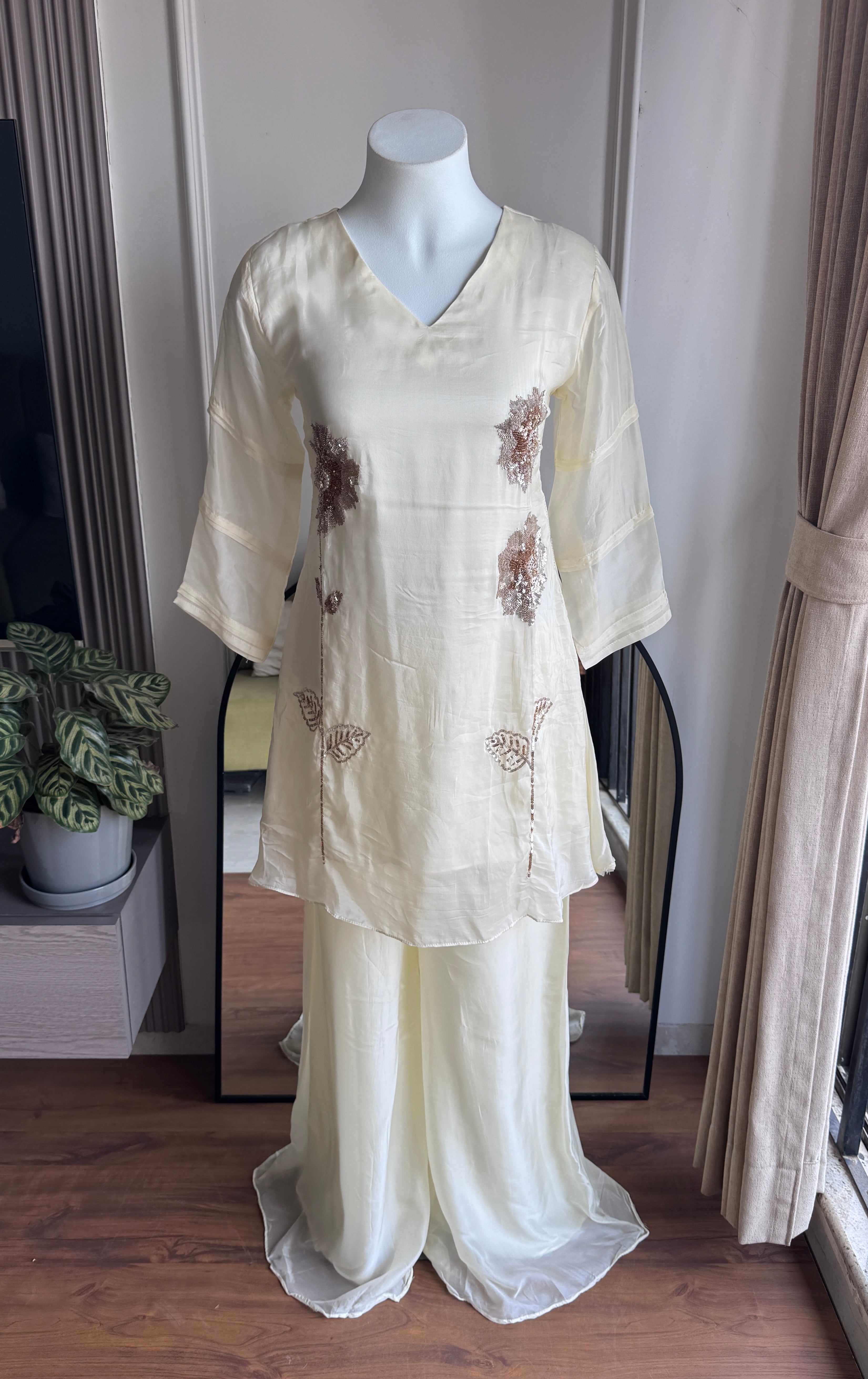 Jinal Handwork With Flarry Plazzo Coord Set - Ivory (Make to Order)