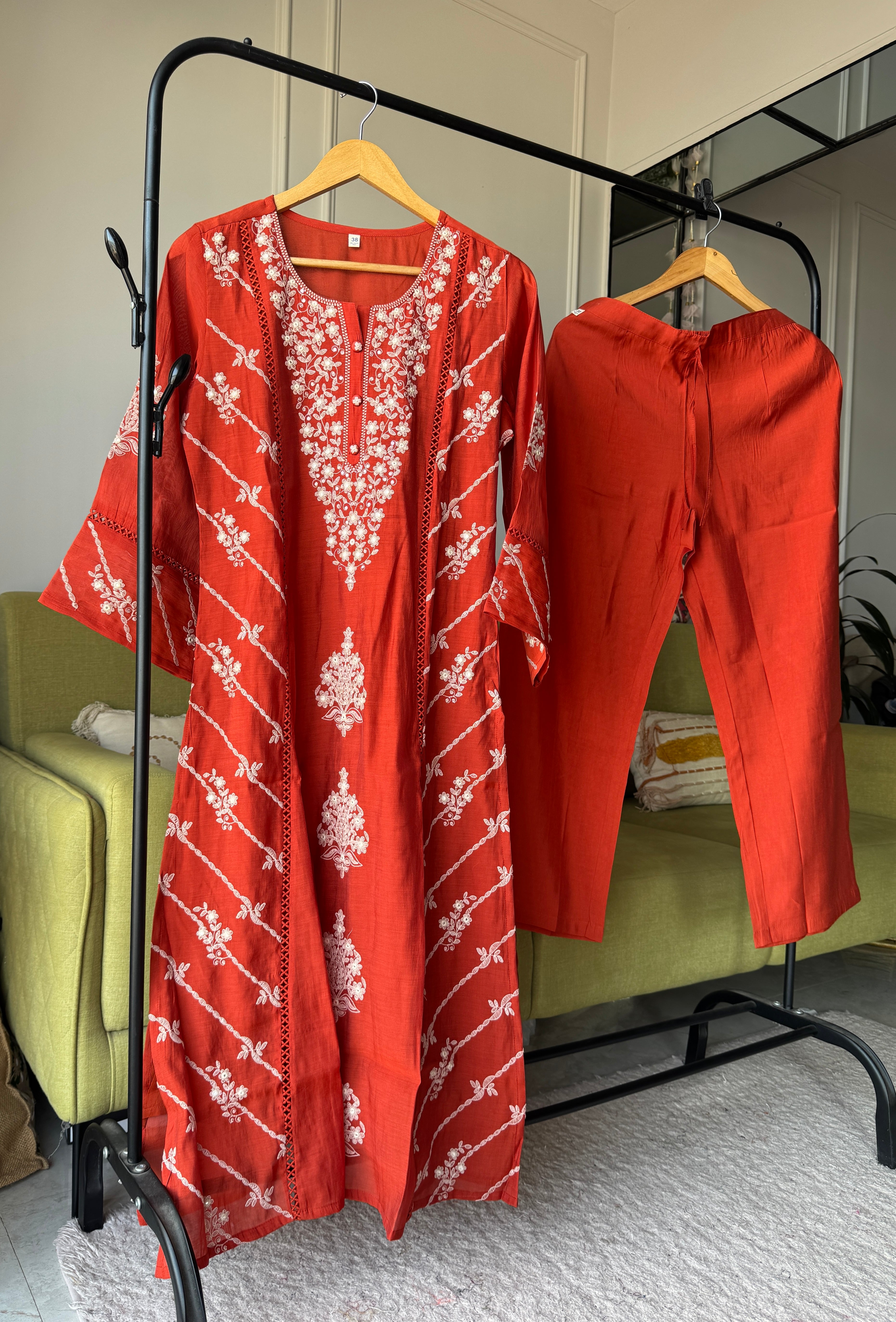 Zhalak Thread Work Side Cut Dress- Rust