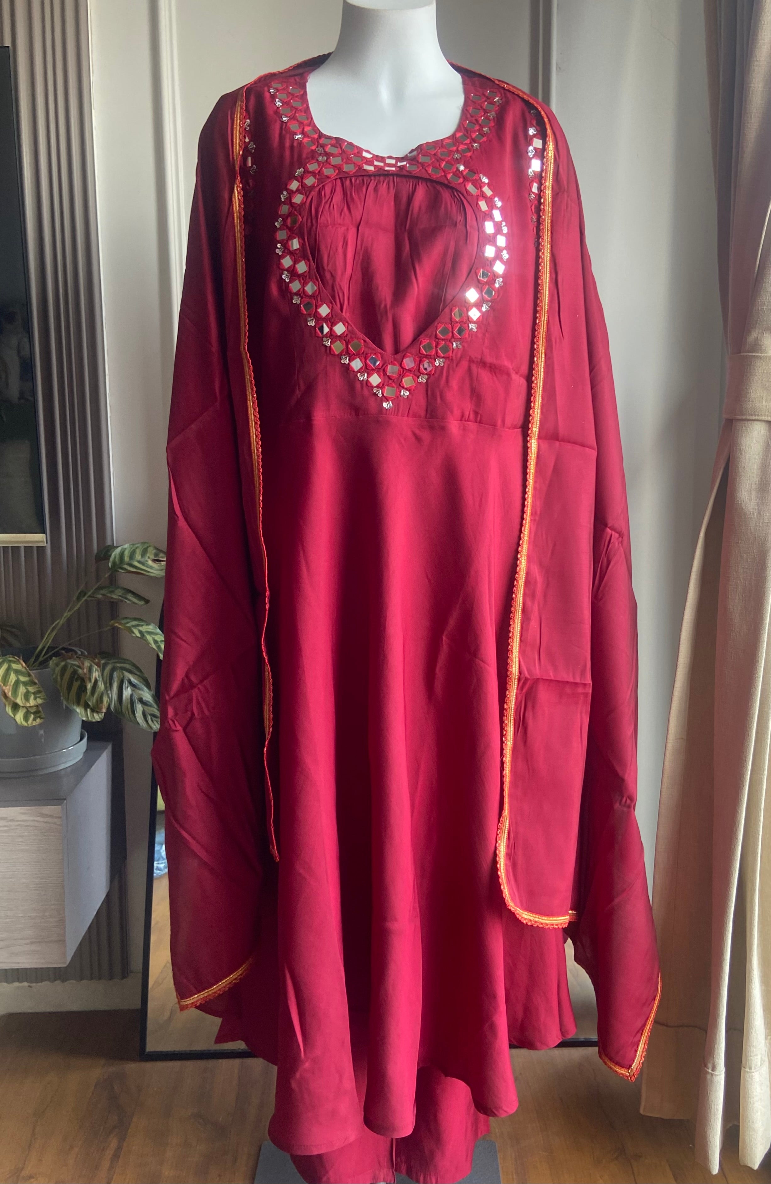 Kainat Muslin Mirror Work Dress- Maroon