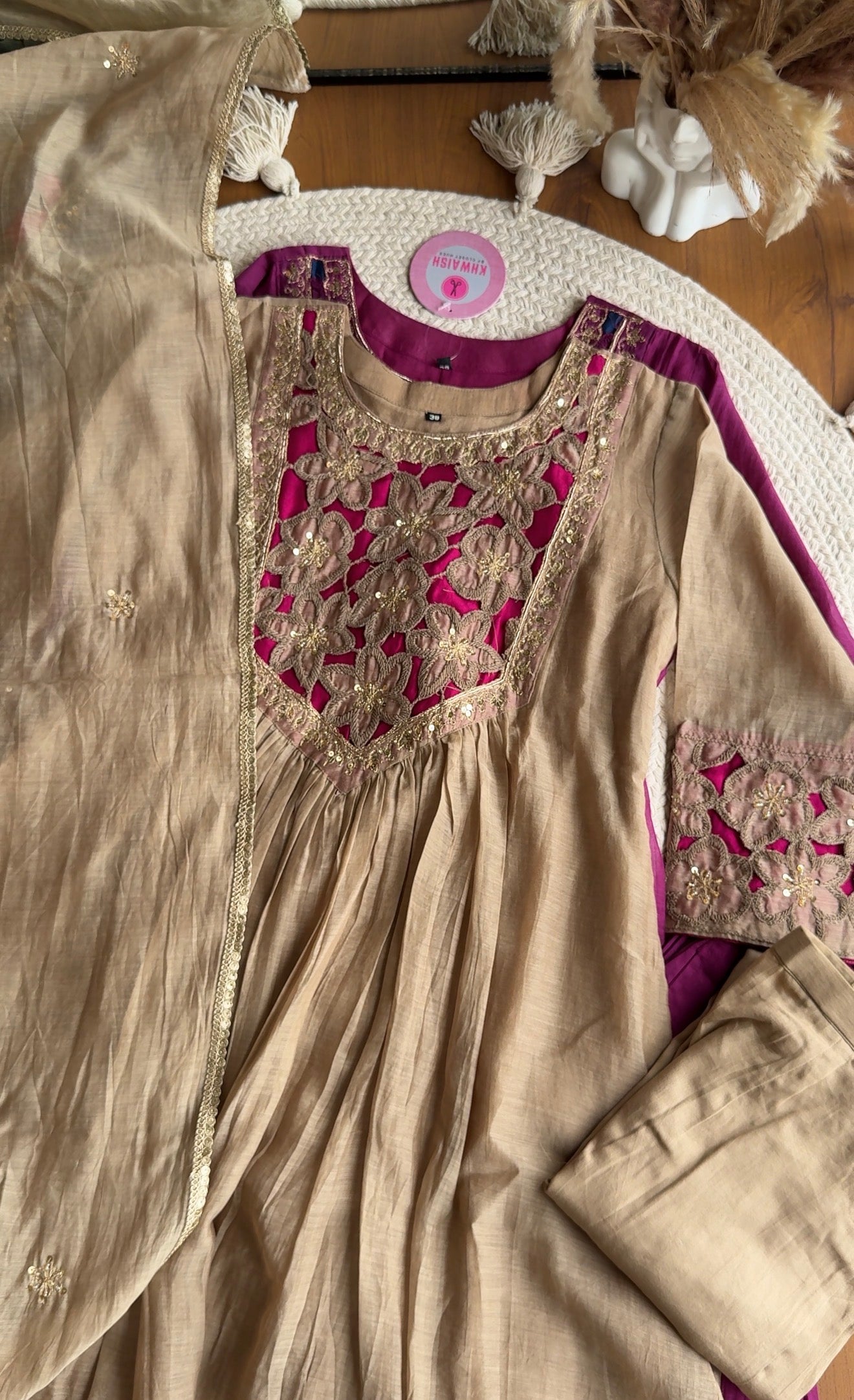 Riya cutwork Contrast Anarkali Dress- Beige