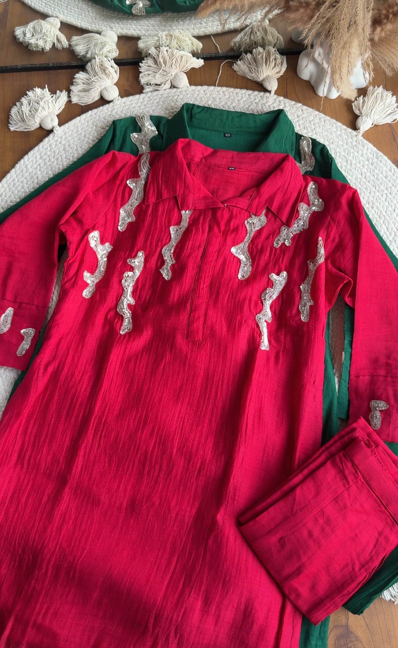 Vrinda Handwork Mul Chanderi Coord Set-Red