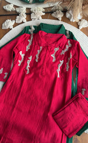 Vrinda Handwork Mul Chanderi Coord Set-Red