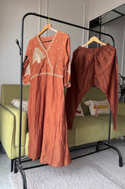 Kiran Handwork Mul Chanderi Anarkali Dress- Rust