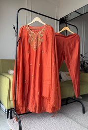 Shilpa Embroided Mul Chanderi Dress-Rust