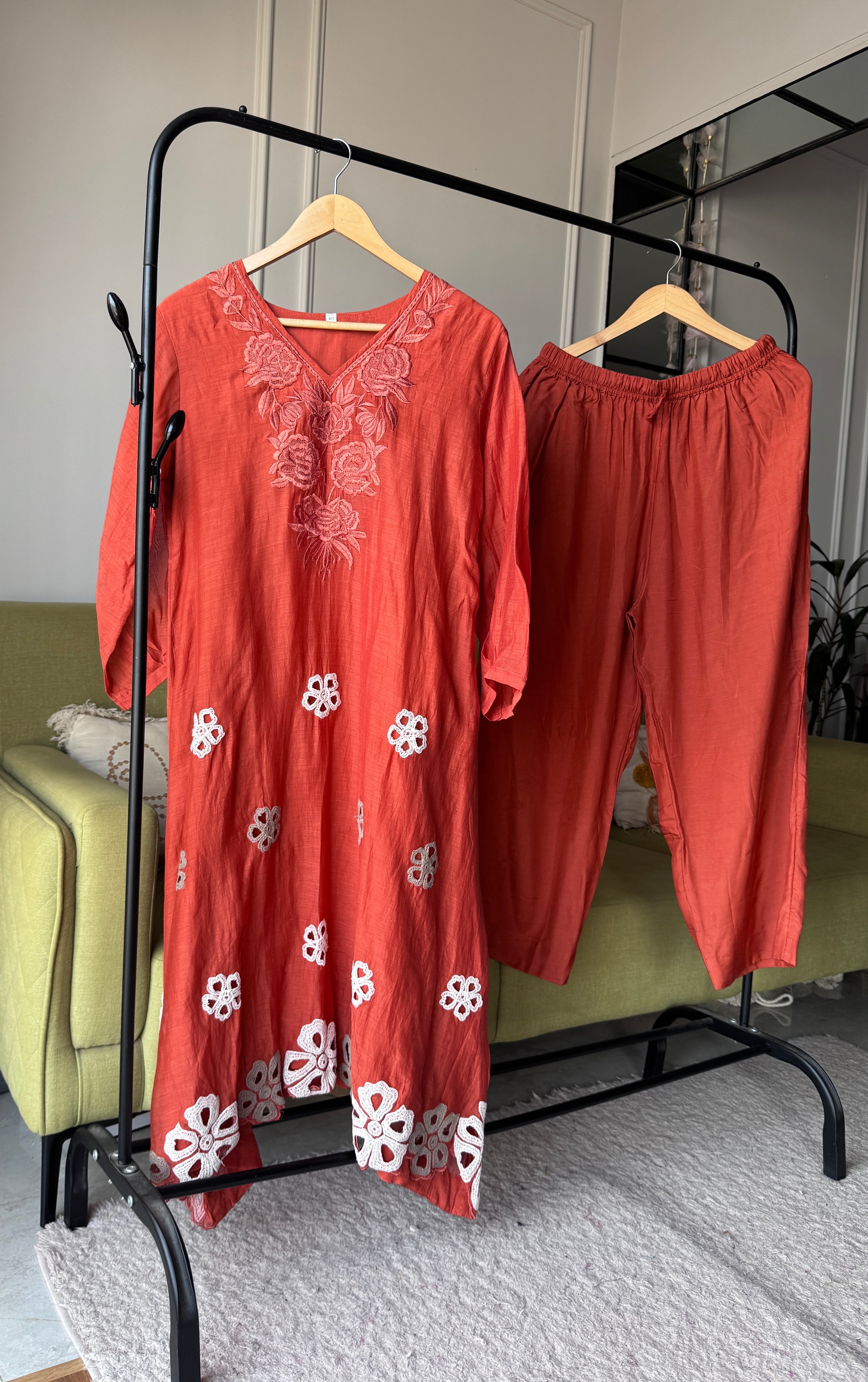 Mehek Aline Mul Chanderi Dress- Rust