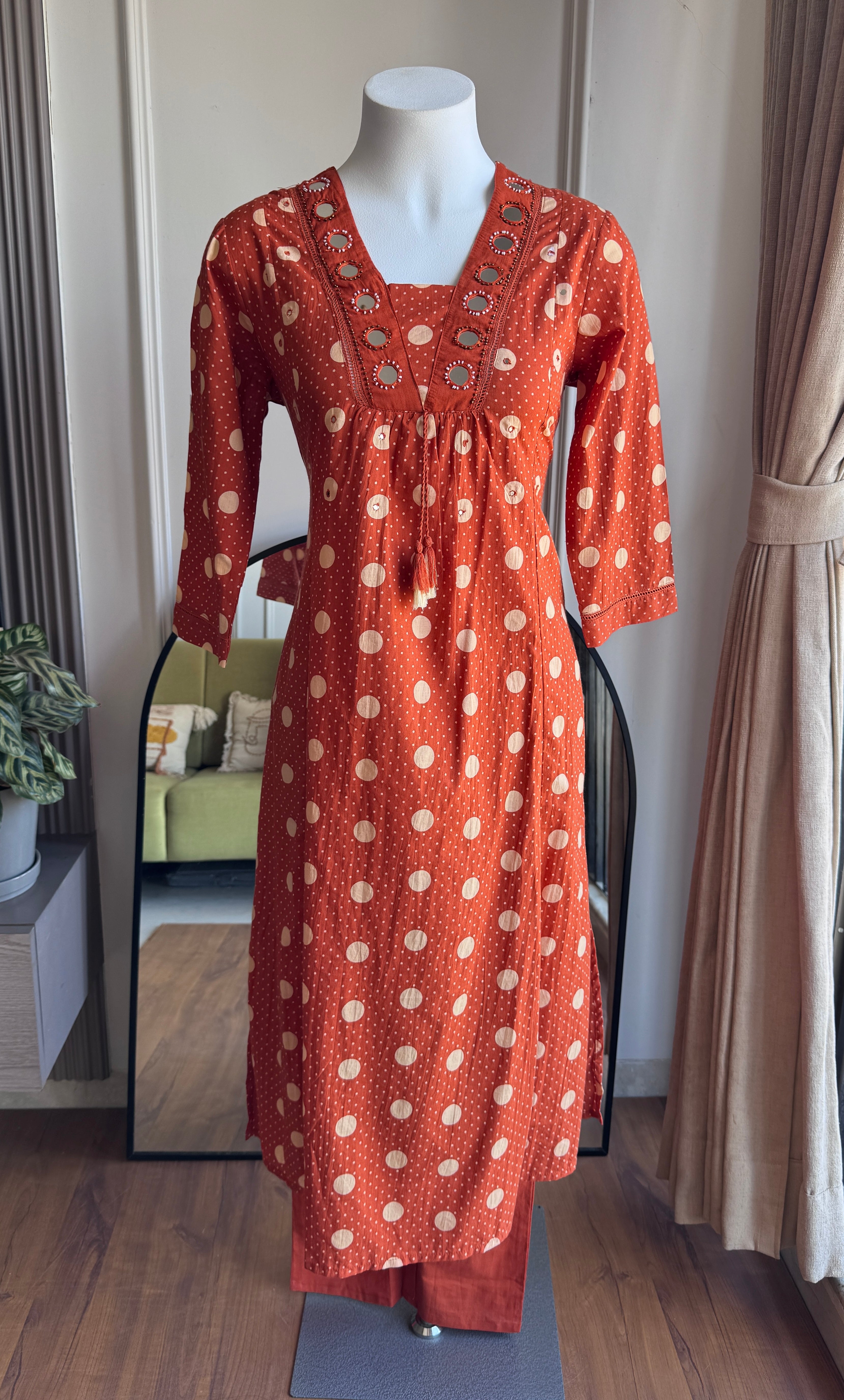 Pavithra Polka Dot Cotton Dress-Rust