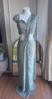 Anjali Handwork Drape Saree Set- Mint Green