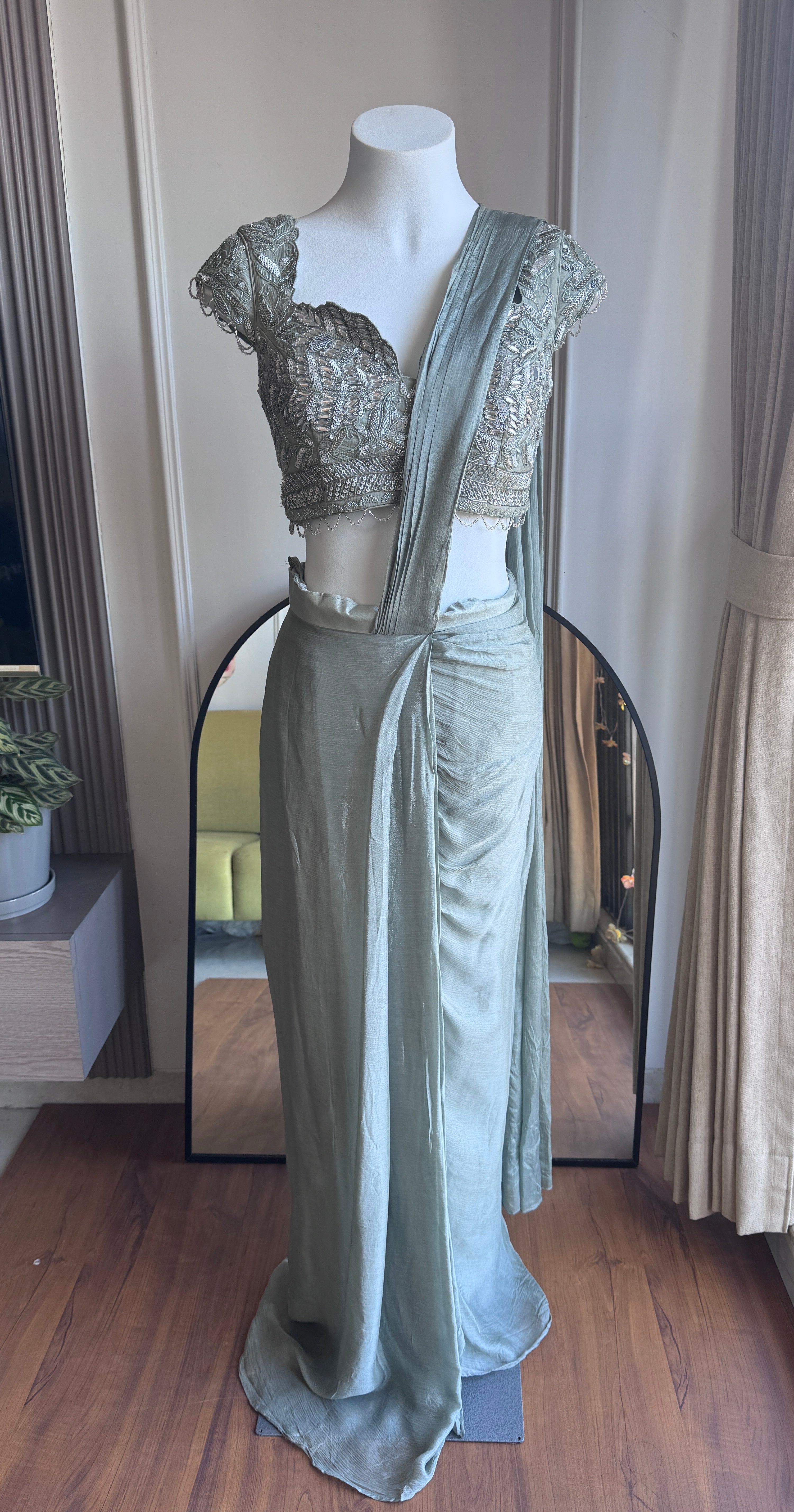 Anjali Handwork Drape Saree Set- Mint Green