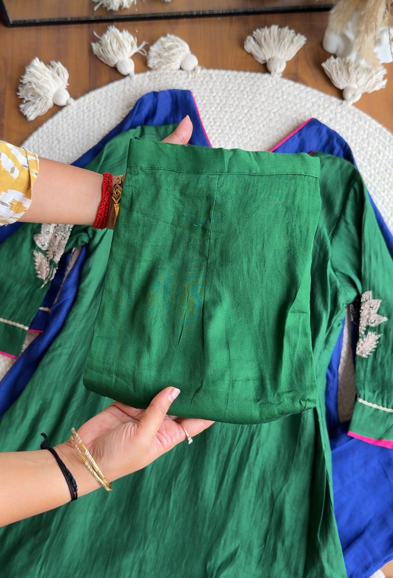 Charvi Contrast Dupatta Mul Chanderi Dress- Bottle Green