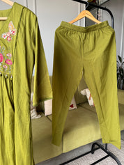 Mishika Embroided Aline Mul Cotton Dress- Mehndi Green