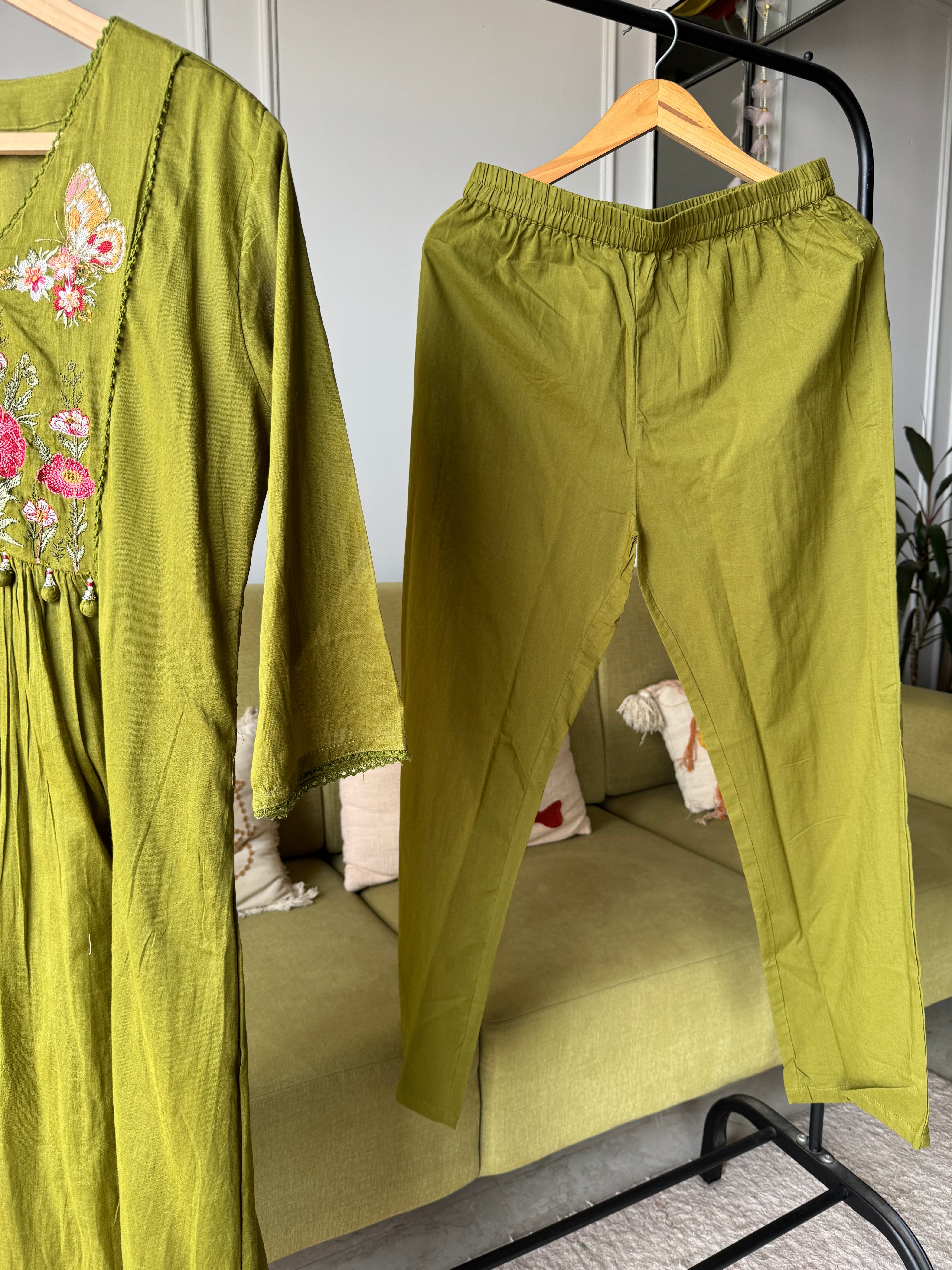 Mishika Embroided Aline Mul Cotton Dress- Mehndi Green