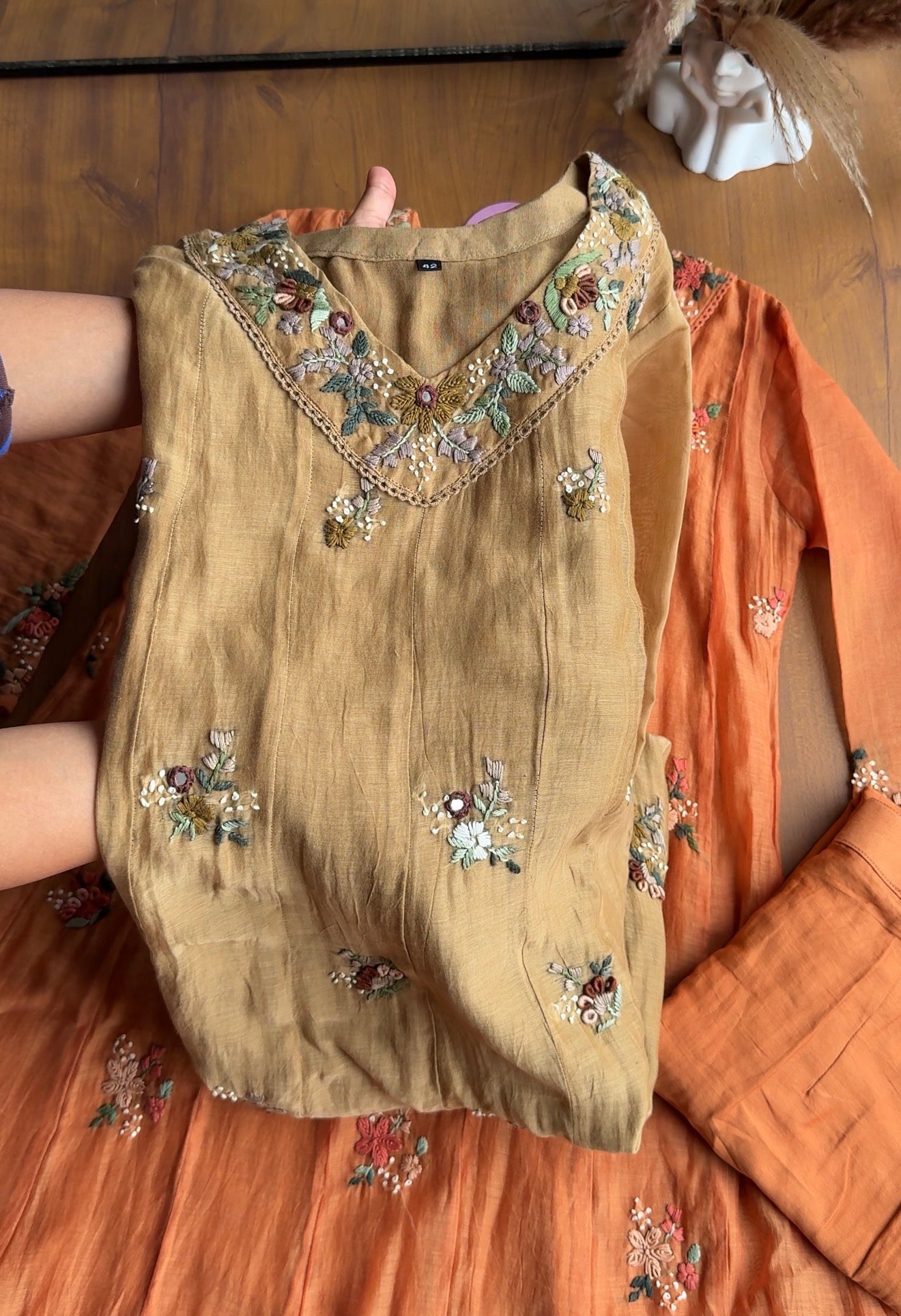 Kiran floral katha Mul Chanderi Anarkali Dress- Beige