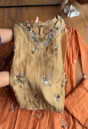 Kiran floral katha Mul Chanderi Anarkali Dress- Beige