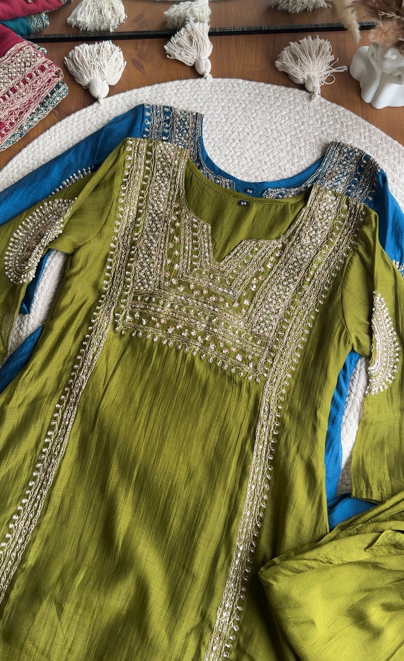Twinkle Hand Work Mul Chanderi Dress- Mehndi Green