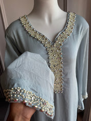 Siyu Tissue Short Kurta With Pant Dress- Dusty Blue