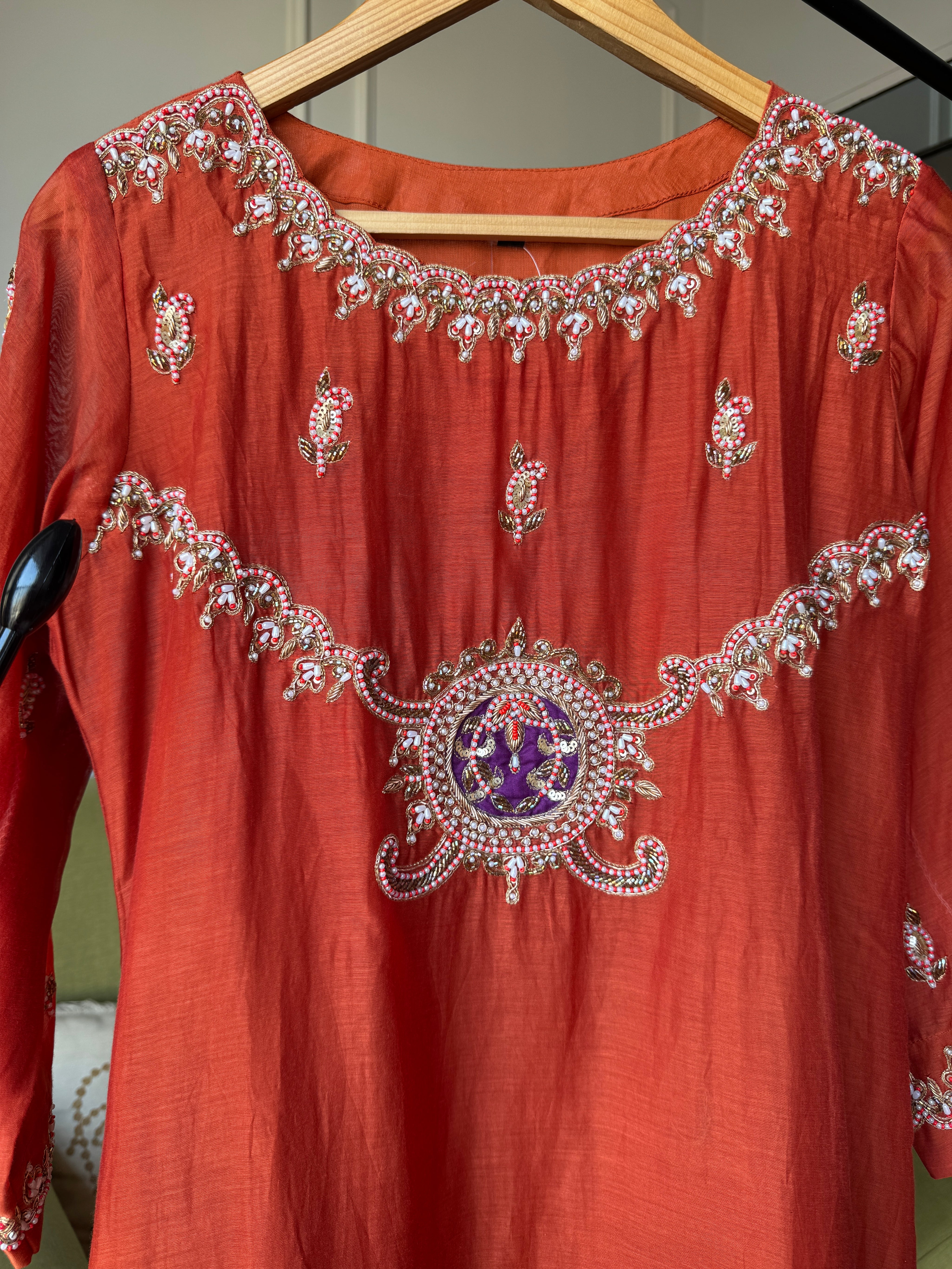 Tara Handwork Mul Chanderi Dress- Rust