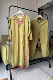 Mahima Embroided Cotton Dress-Green