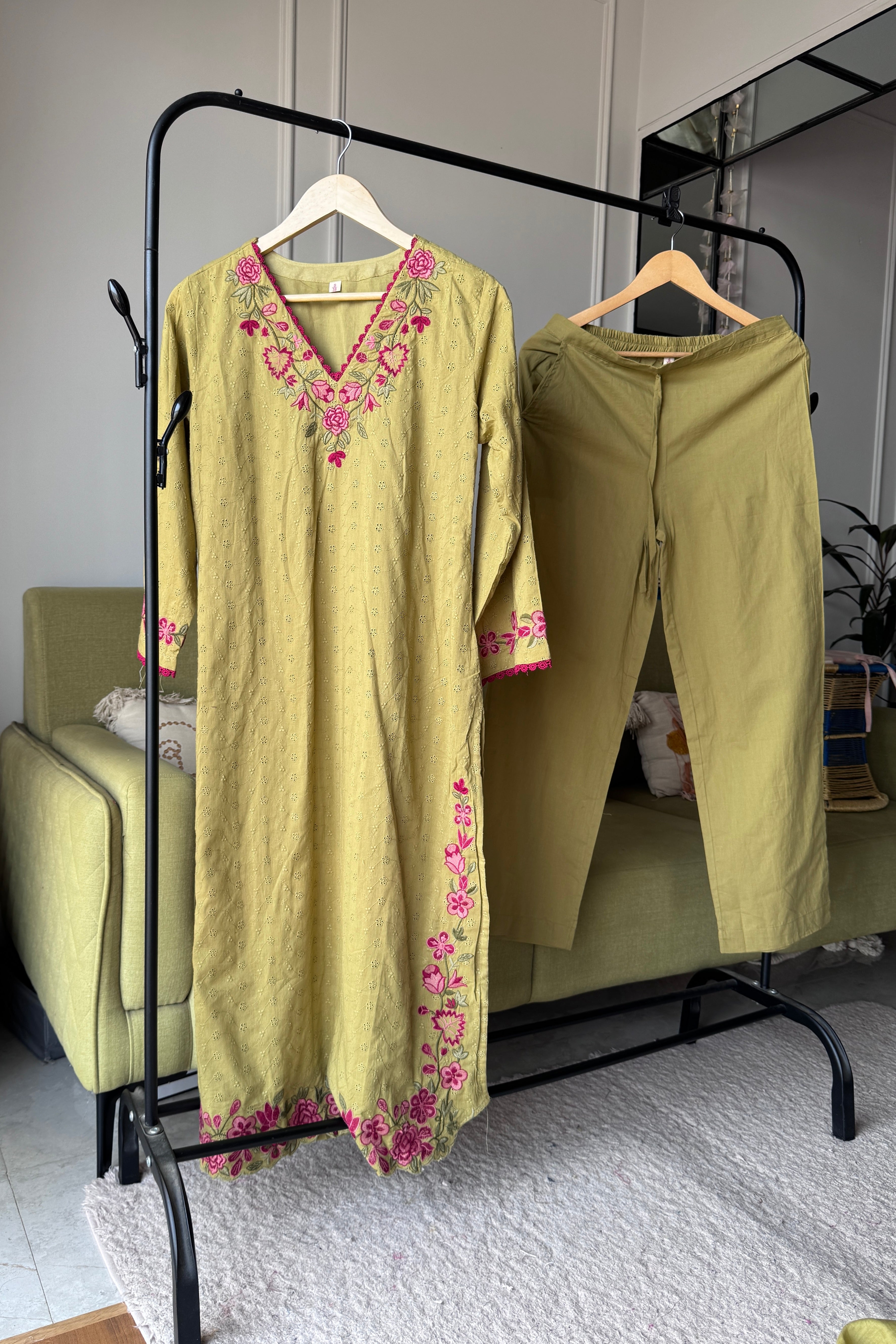 Mahima Embroided Cotton Dress-Green