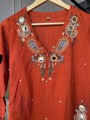 Mannat Pocket Embroided Mul  Cotton Dress- Rust