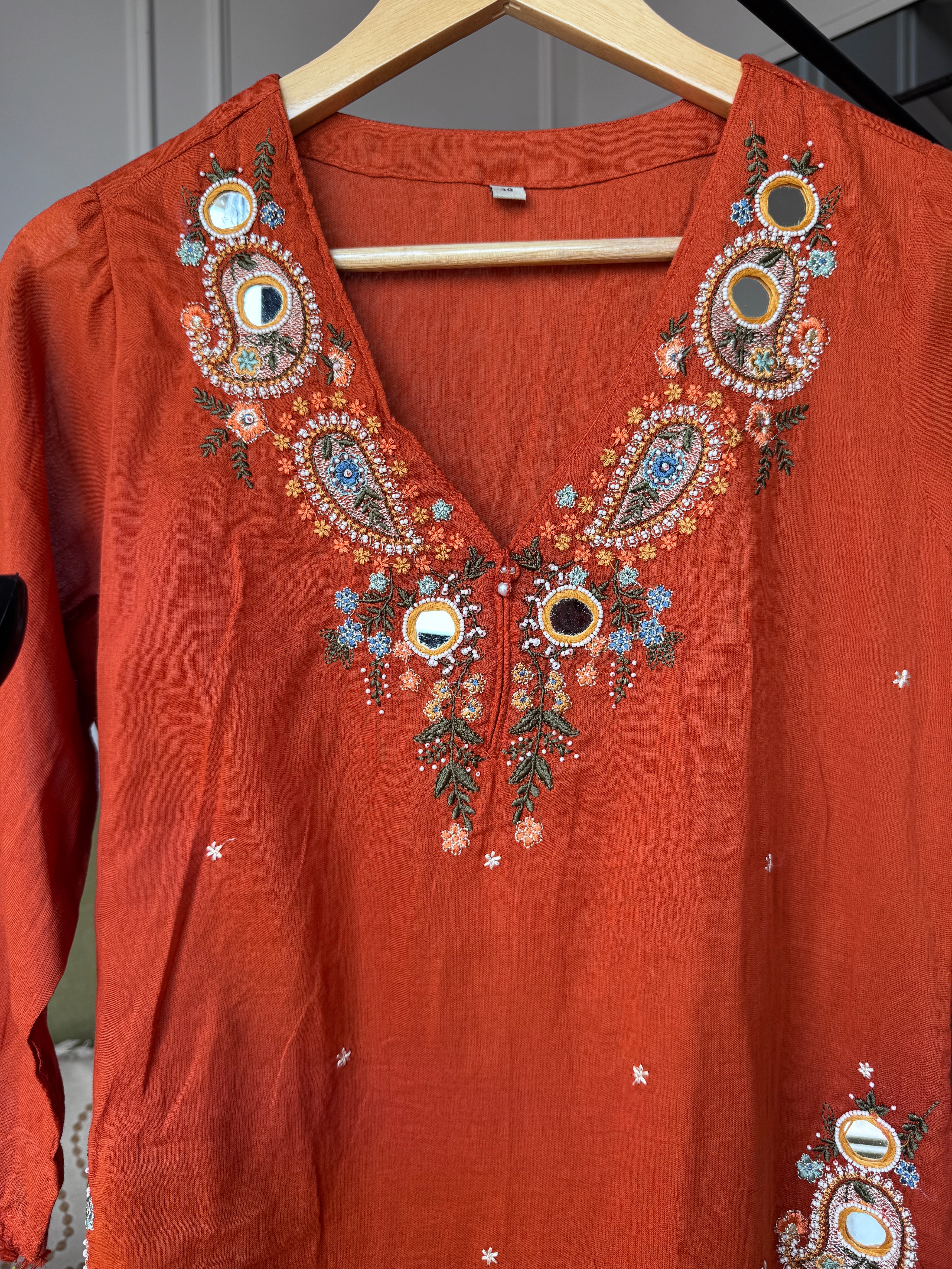 Mannat Pocket Embroided Mul  Cotton Dress- Rust